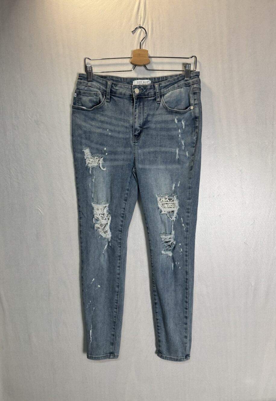 Judy Blue Womens Distressed Lace Patch Skinny Jeans Light Wash Stretch Sz 13/31